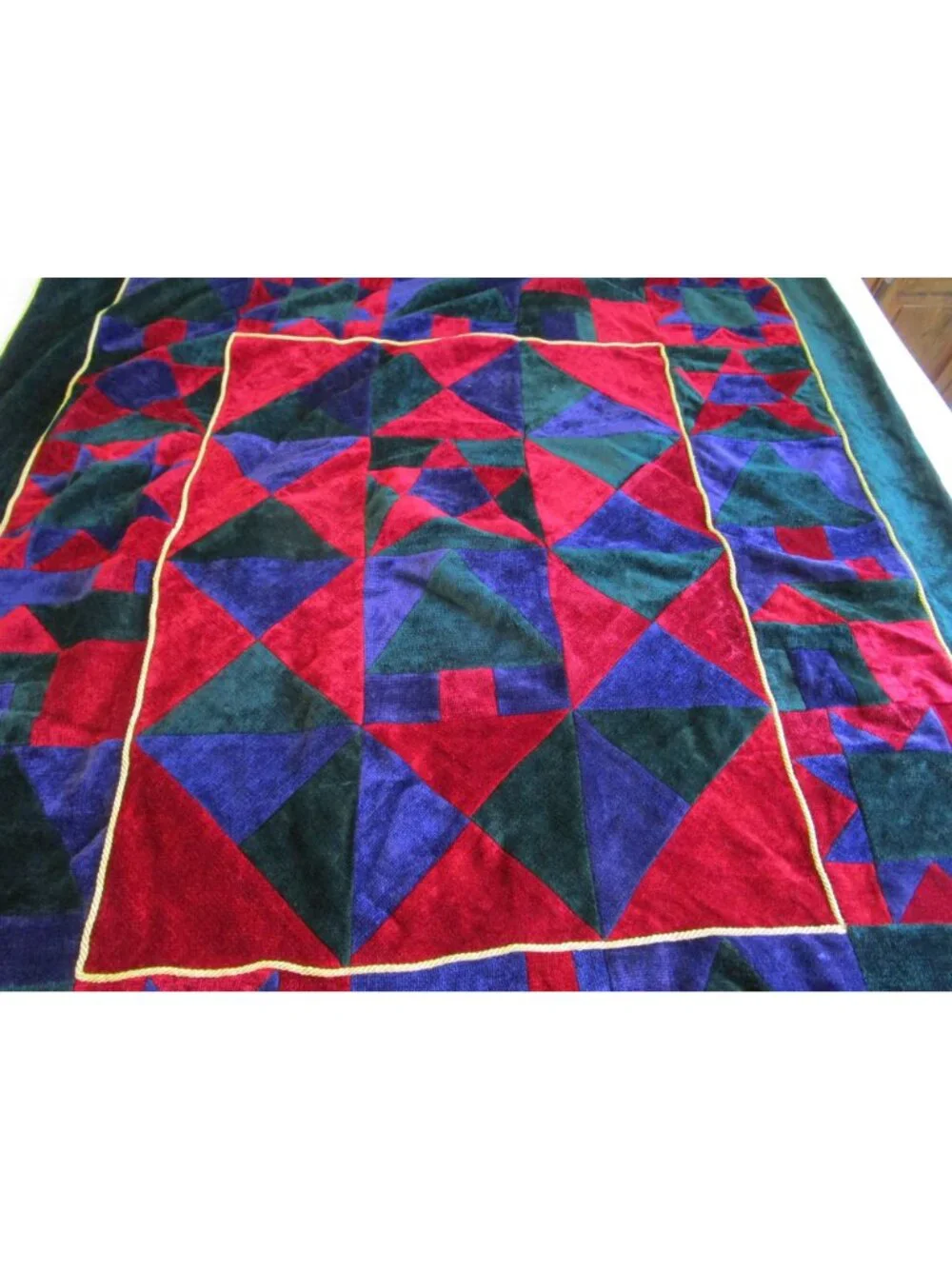 Patchwork Chenille Quilt Throw Blanket Cabin and Star Pattern Green Red Purple